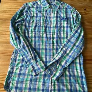 Southern Tide Multicolor Plaid Button Down Fishing Shirt Long Sleeve Blue Green